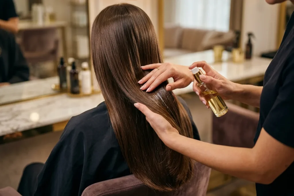 Estilista aplicando aceite antifrizz de medios a puntas en cabello liso