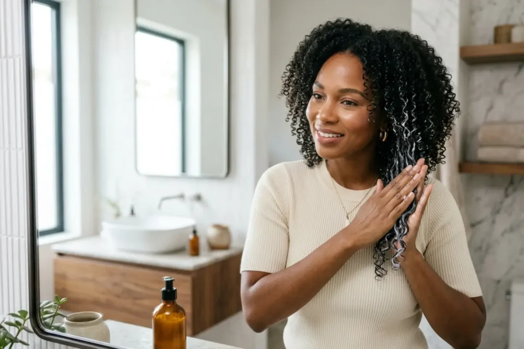 Mujer aplicando crema para peinar en su cabello crespo húmedo frente al espejo