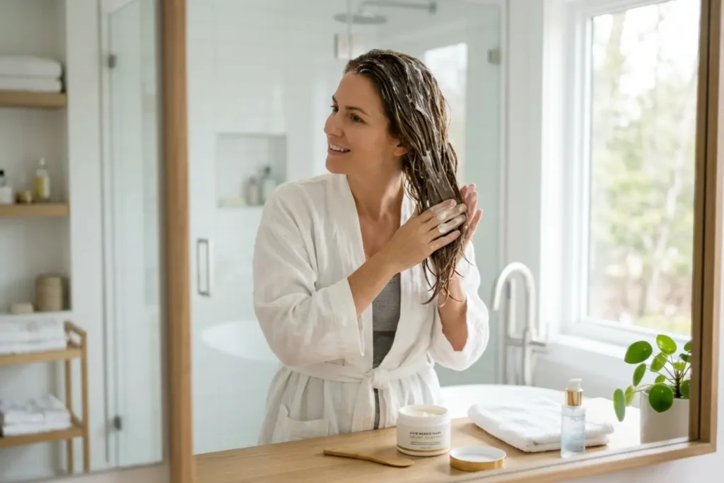 Mujer aplicando un tratamiento reparador de medios a puntas en su cabello húmedo
