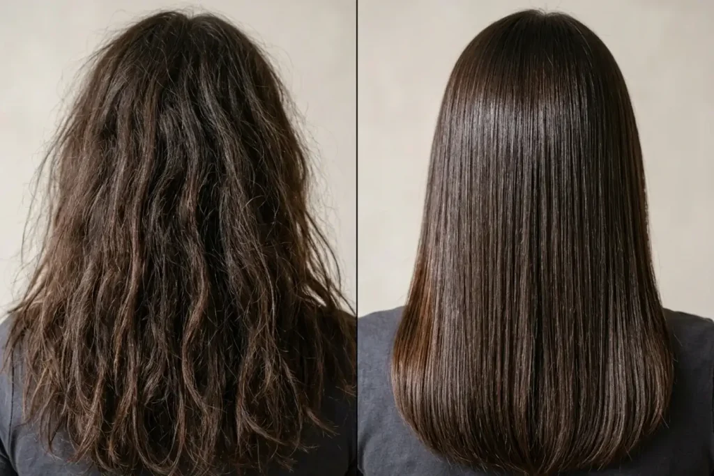 Comparación del mismo cabello con frizz y después de hidratarlo y sellarlo