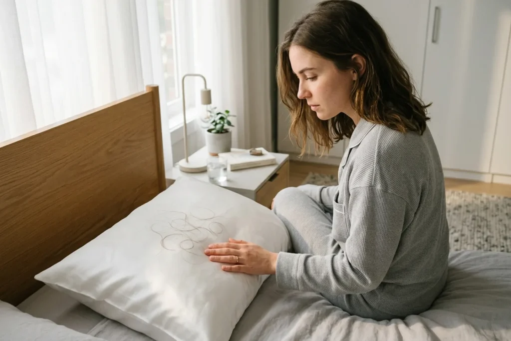 Mujer revisando cabellos caídos sobre la almohada al despertar