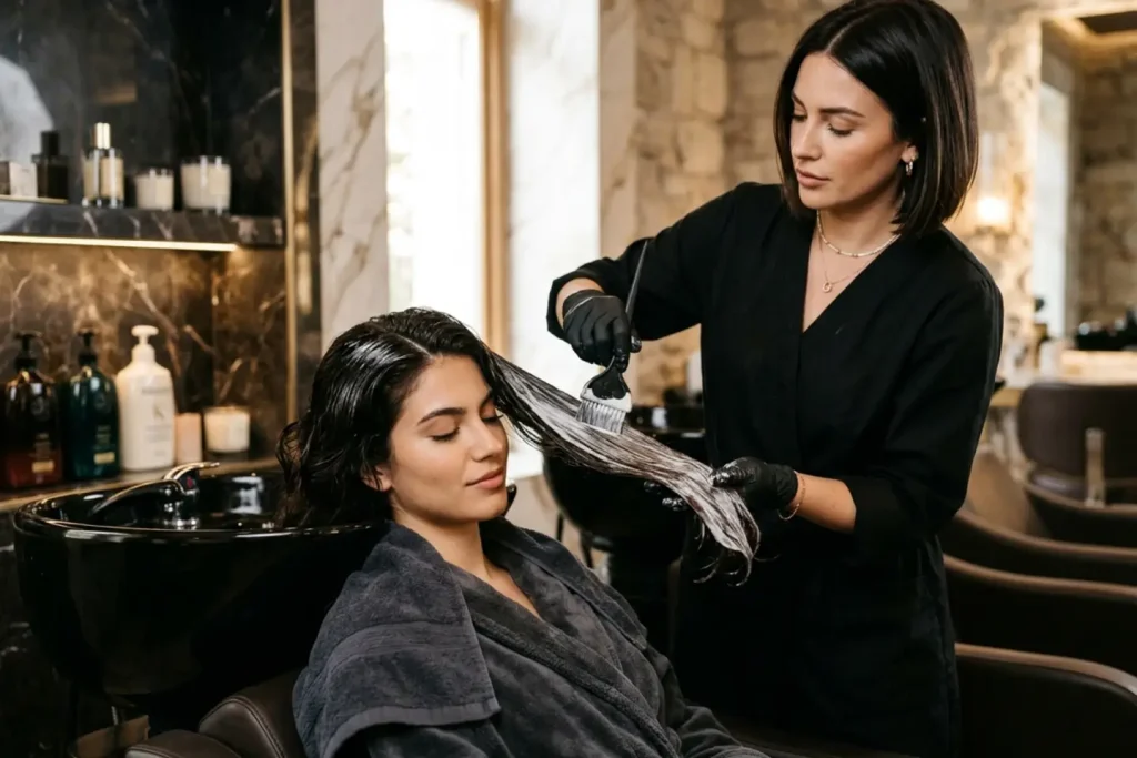 Colorista aplicando producto con pincel sobre el cabello de una clienta en el salón