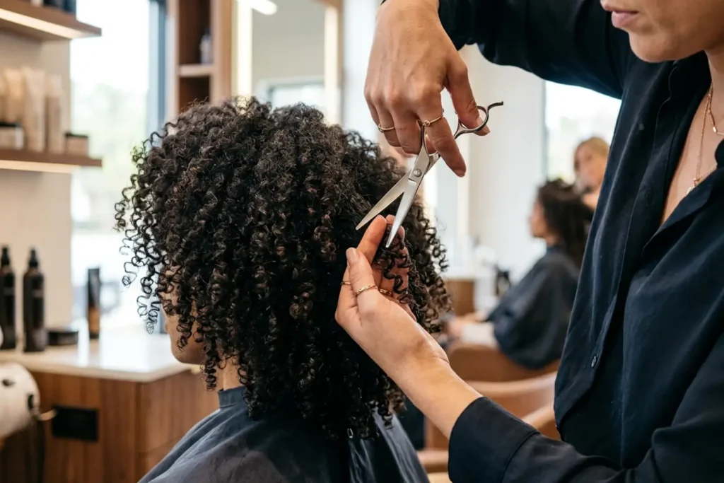 Estilista cortando cabello crespo en seco rizo por rizo