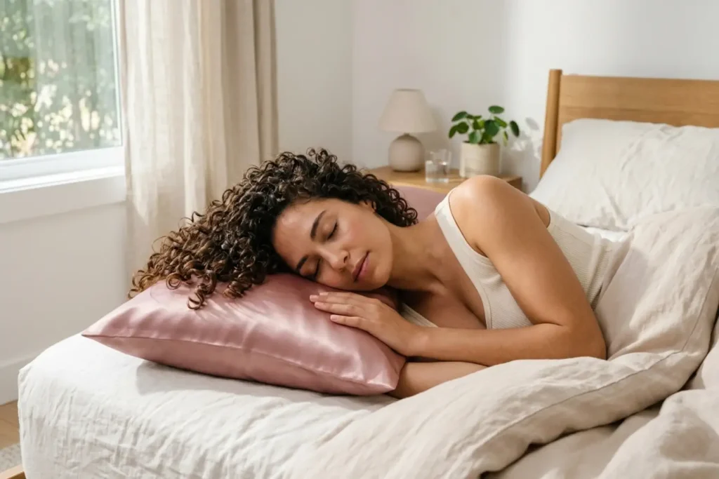 Mujer de cabello rizado durmiendo sobre una funda de almohada de satén