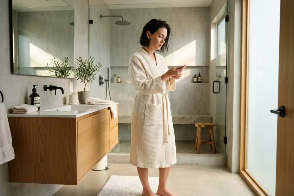 Mujer en el baño observando el cabello que se le cayó después de la ducha