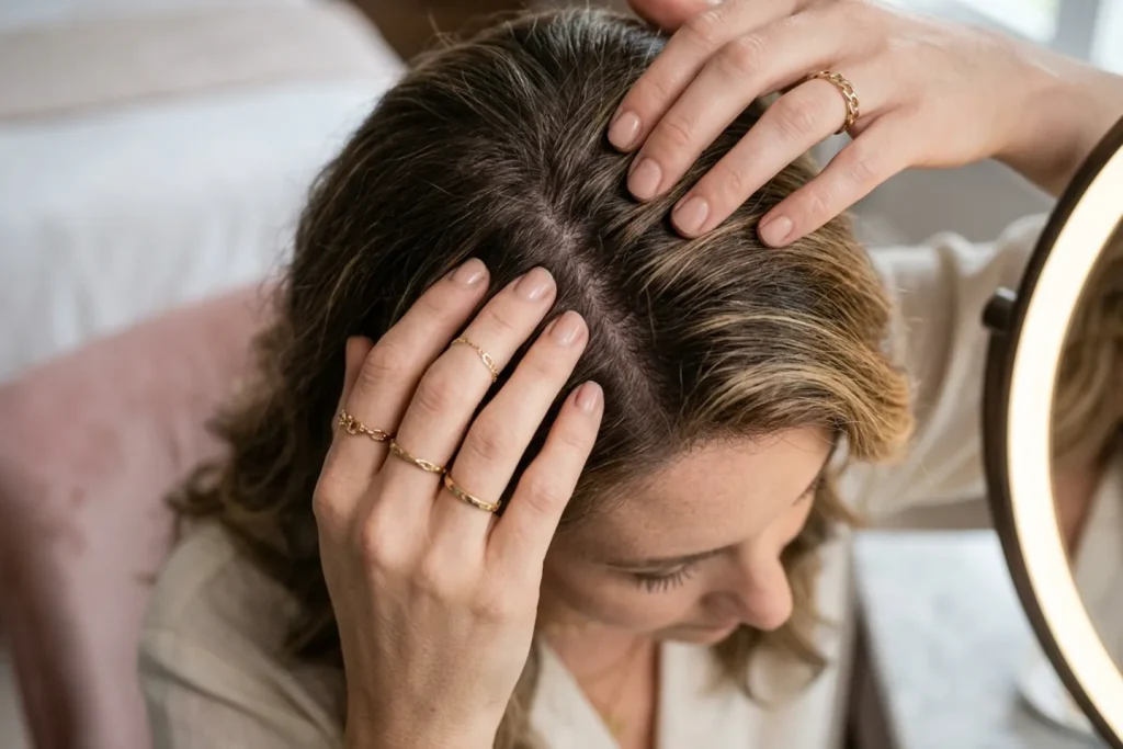 Mujer abriendo el cabello frente al espejo para revisar cuánto cuero cabelludo se ve