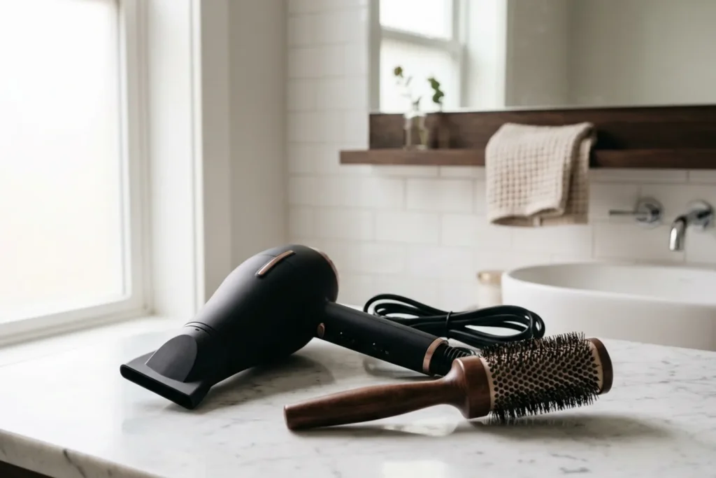 Secador de cabello y cepillo redondo sobre el lavamanos del baño