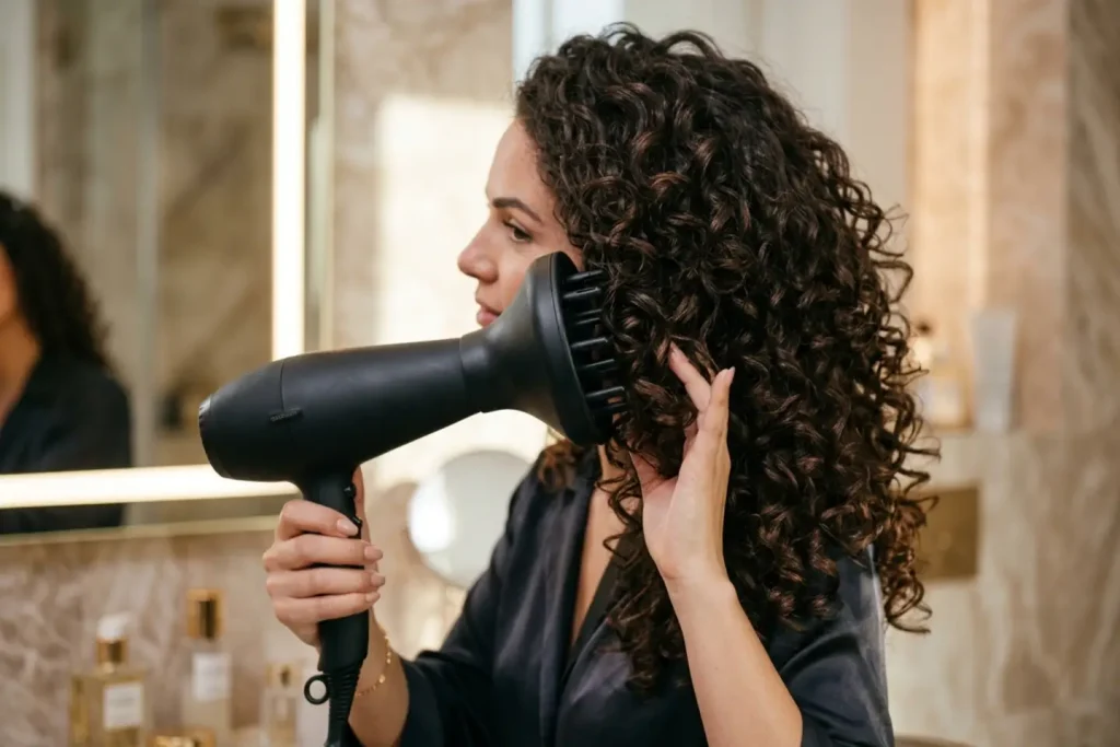 Mujer secando su cabello rizado con difusor sin mover los rizos