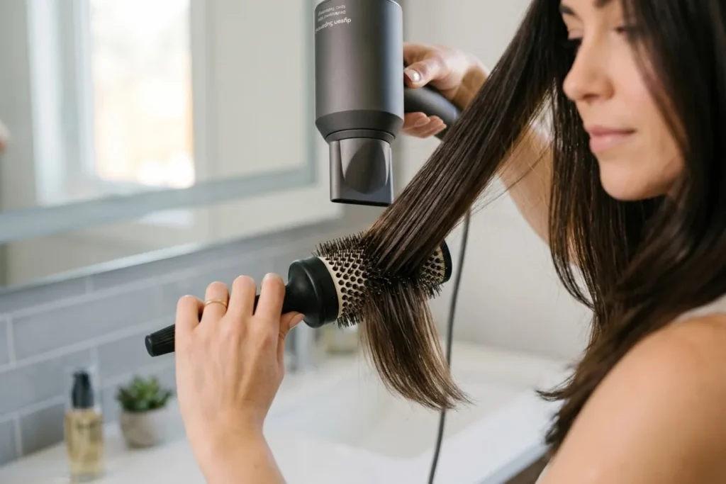 Mujer secando el cabello liso con secador de boquilla y cepillo redondo de raíz a puntas