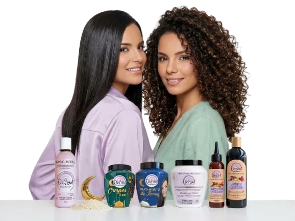 Dos mujeres, una de cabello liso y otra de cabello crespo, sonríen junto a los siete productos capilares DePaw